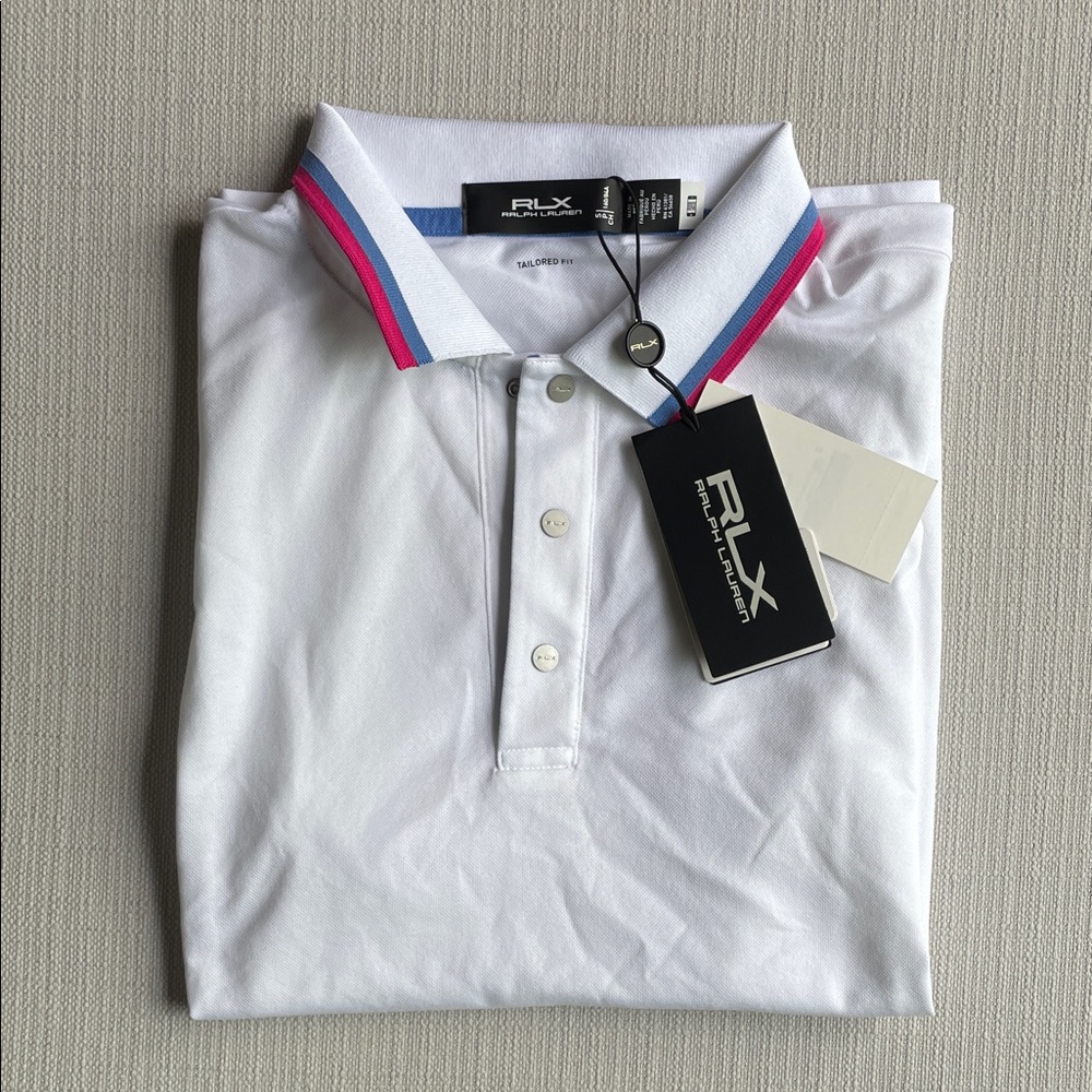 RLX Ralph Lauren women’s golf polo White with Pink & Blue Trim size small